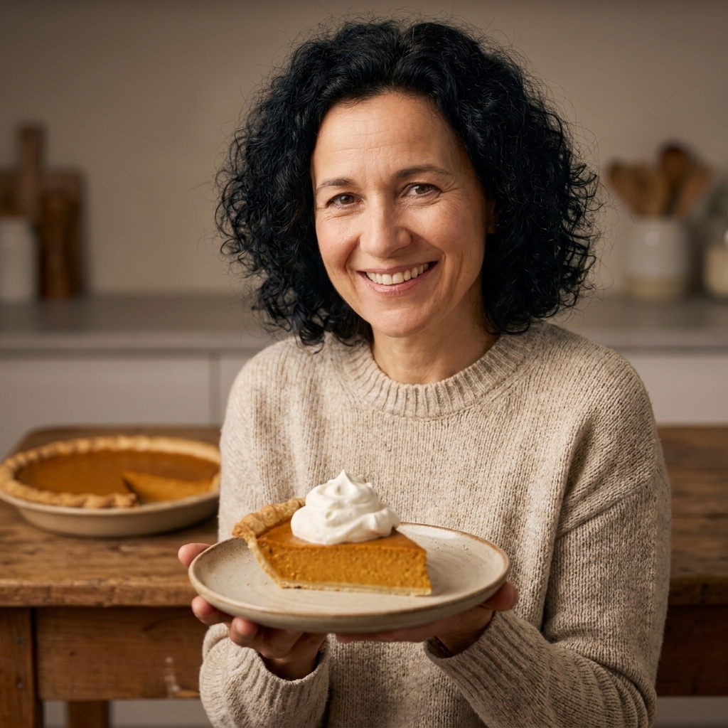 A slice of pumpkin pie on a plate topped with a soft swirl of whipped cream, with the remaining pie in the background