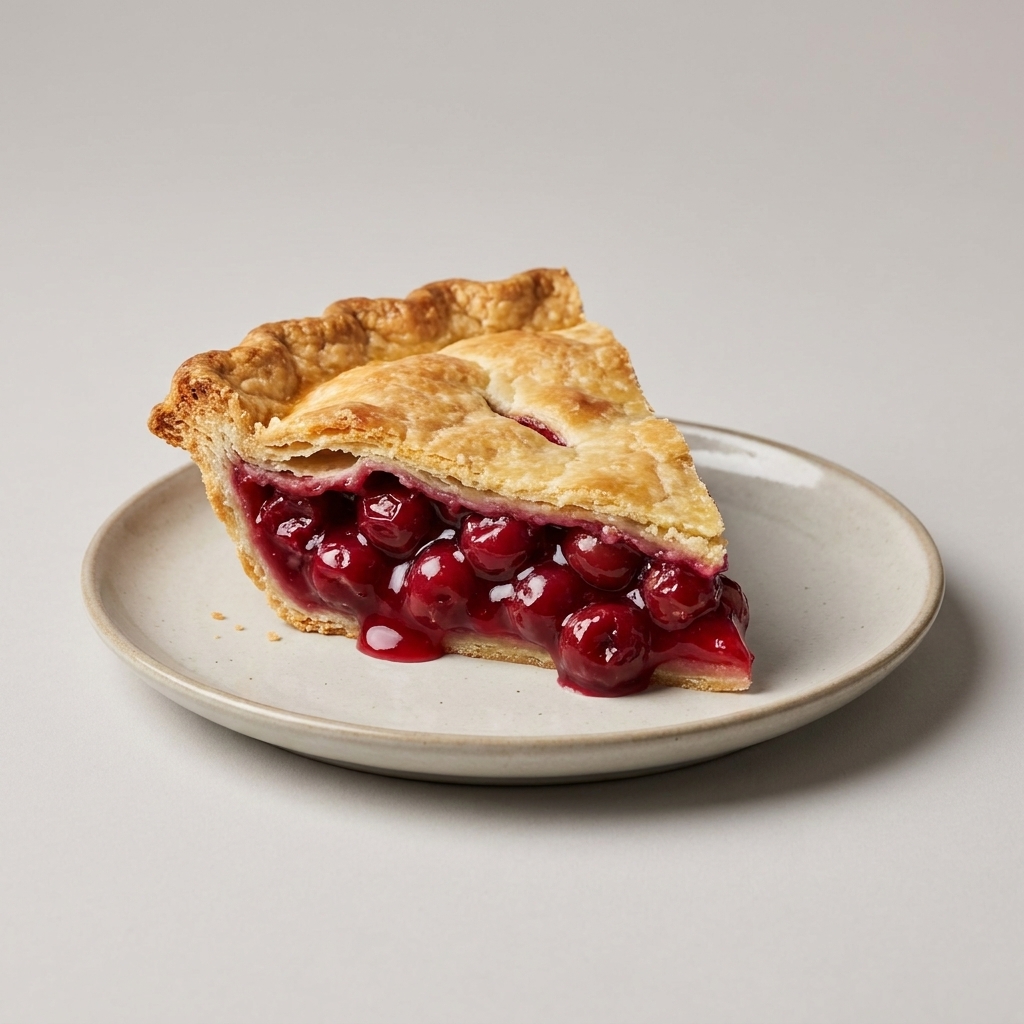 A slice of sour cherry pie with a flaky crust and glossy ruby filling on a dessert plate