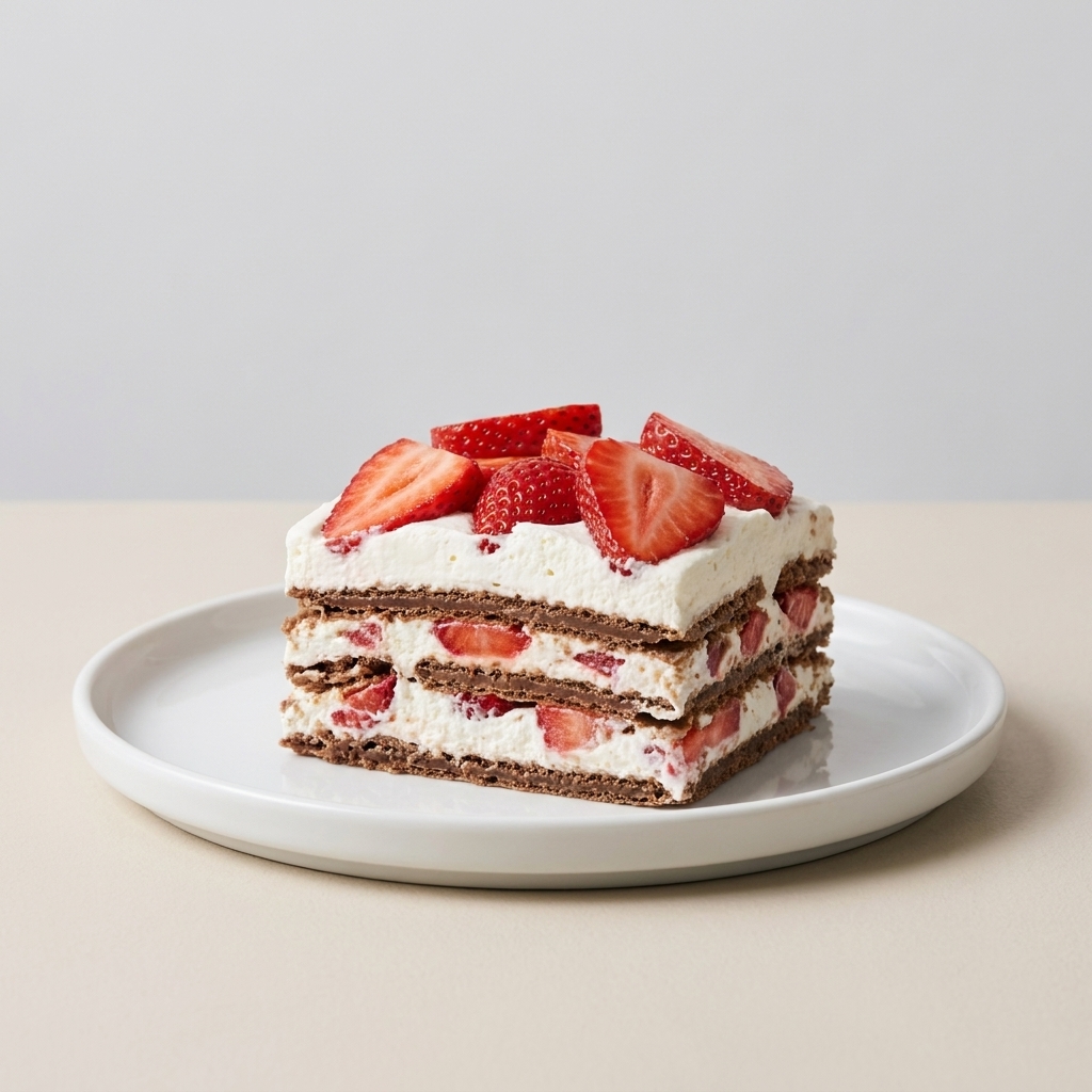 A slice of strawberry icebox cake on a plate showing soft cookie layers and whipped cream with sliced strawberries