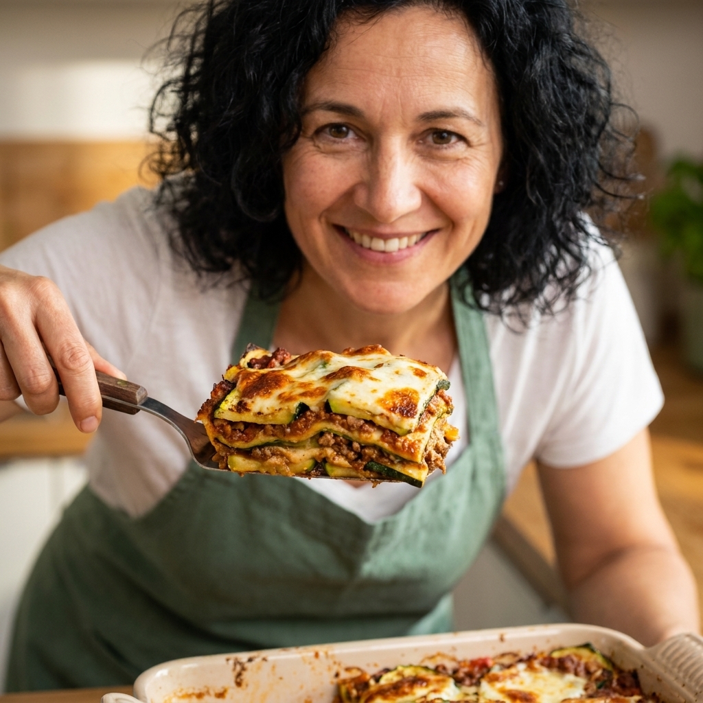 A slice of zucchini lasagna casserole showing layers of zucchini, meat sauce, and melted mozzarella on a spatula