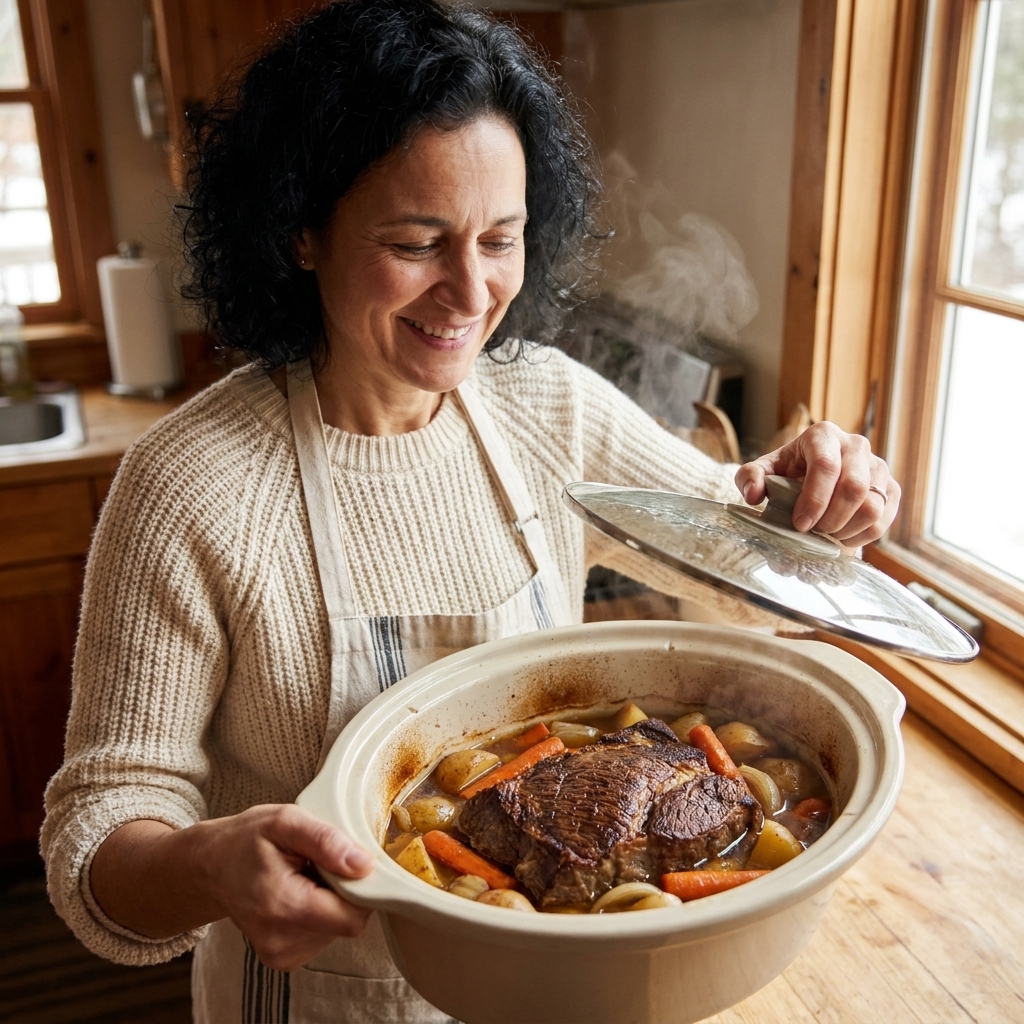 A slow cooker insert filled with a browned beef roast, carrots, potatoes, and onions in a savory broth just before the lid is placed on top