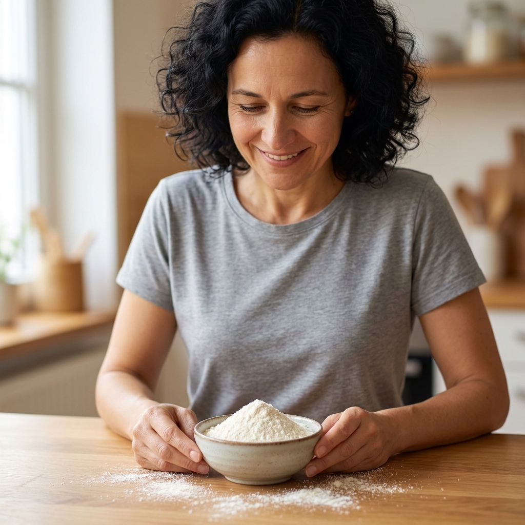 A small bowl of coconut flour with a light dusting nearby