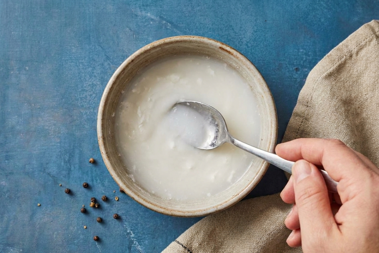 A small bowl of cornstarch slurry being stirred with a spoon on a kitchen counter