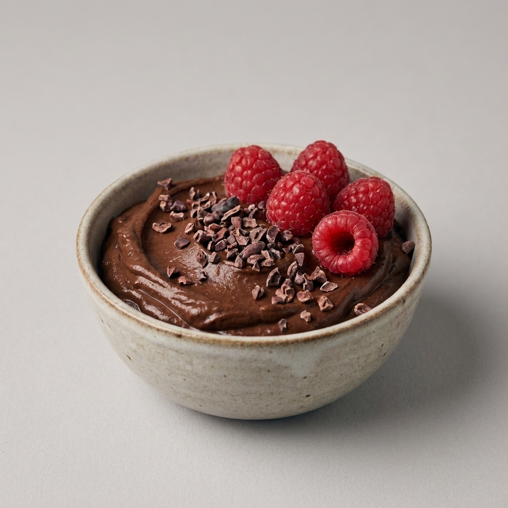 A small bowl of dark chocolate avocado mousse topped with cacao nibs and a few raspberries