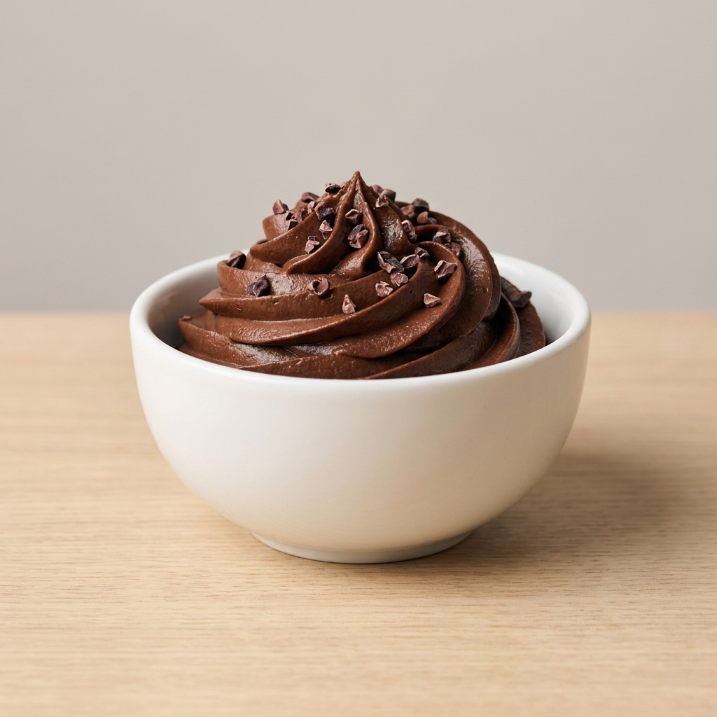 A small bowl of dark chocolate avocado mousse with a swirl on top and a few cacao nibs scattered over it