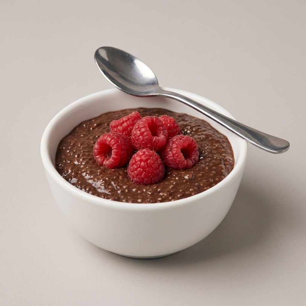 A small bowl of thick chocolate chia pudding with a spoon resting on the rim and fresh raspberries scattered on top