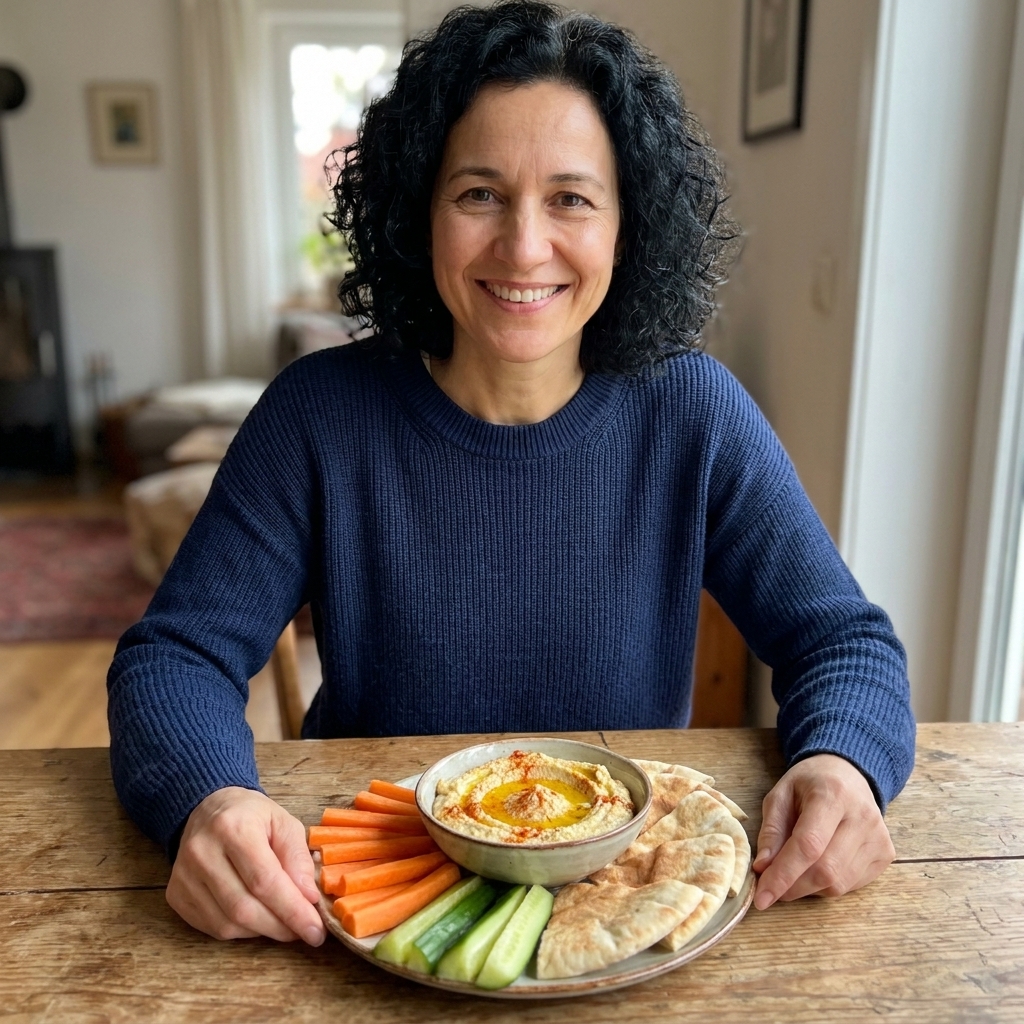 A small container of hummus surrounded by carrot sticks, cucumber spears, and pita wedges on a wooden table