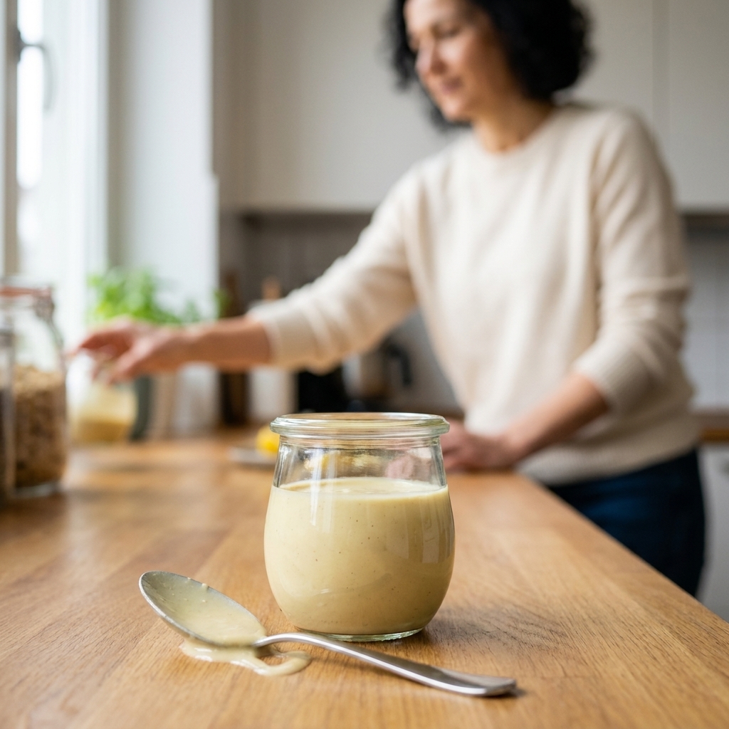A small glass jar filled with creamy lemon tahini sauce on a kitchen counter with a spoon resting nearby