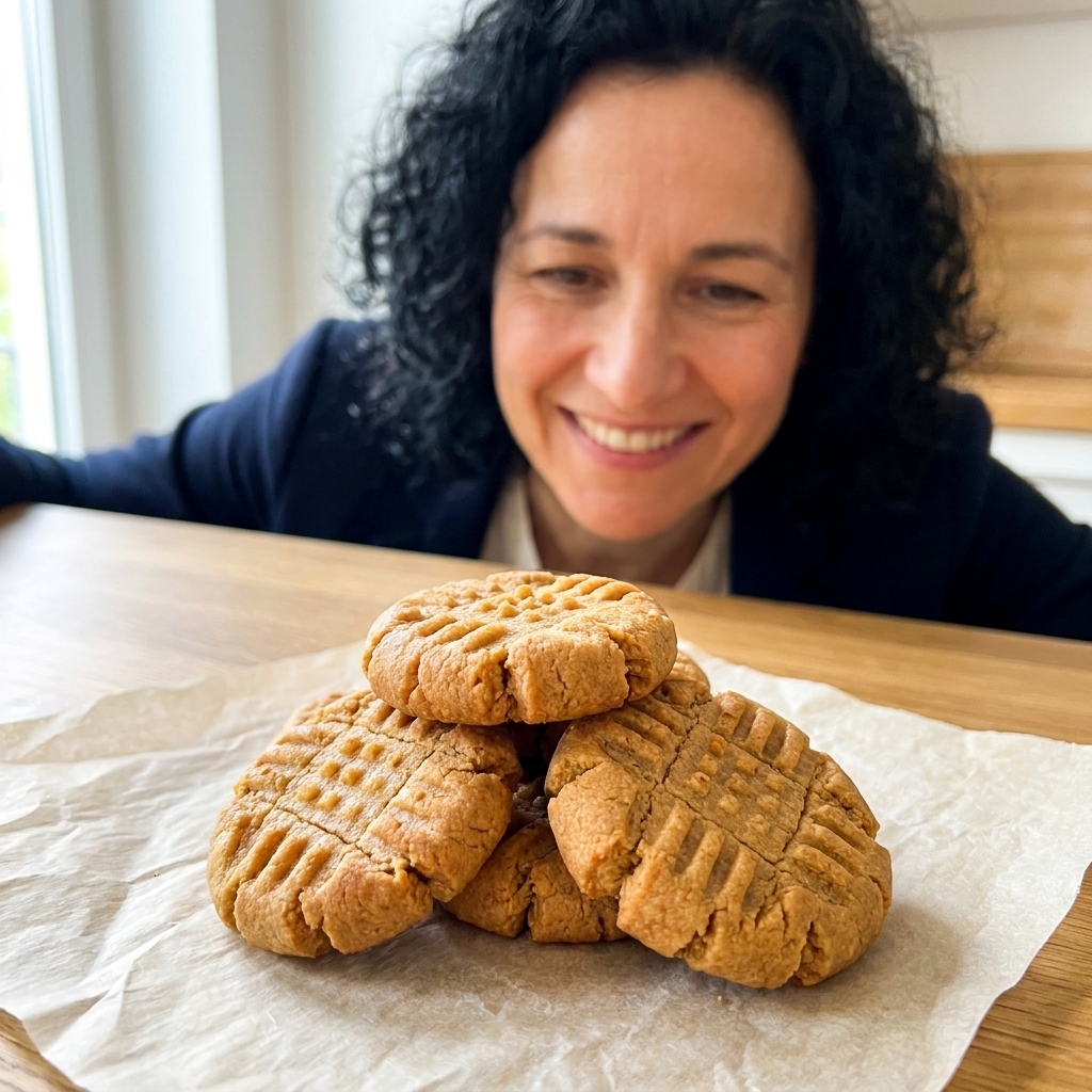 A small pile of flourless almond butter cookies with fork marks, resting on parchment paper