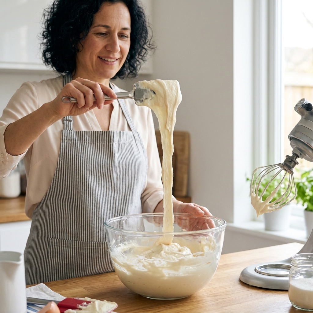 A spatula lifting buttercream that falls in a loose ribbon back into a bowl, showing frosting that is too soft