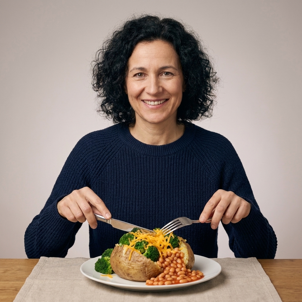 A split baked potato piled with broccoli, shredded cheddar, and saucy beans on a plate
