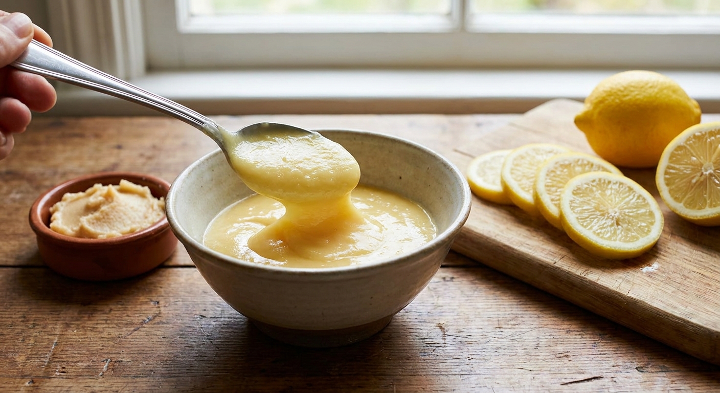 A spoon dipping into a bowl of pale yellow savory lemon curd with a small dish of white miso and sliced lemons on the counter nearby