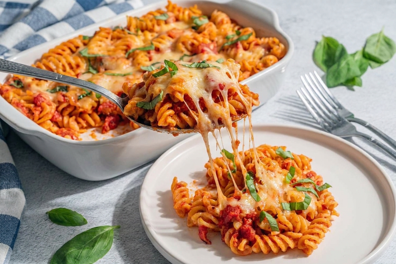 A spoon lifting a portion of saucy baked pasta onto a plate with strands of melted cheese stretching from the dish