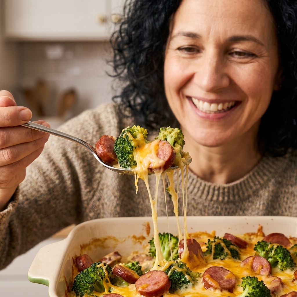 A spoon lifting a serving of broccoli cheddar sausage casserole with melted cheese stretching and sausage rounds visible