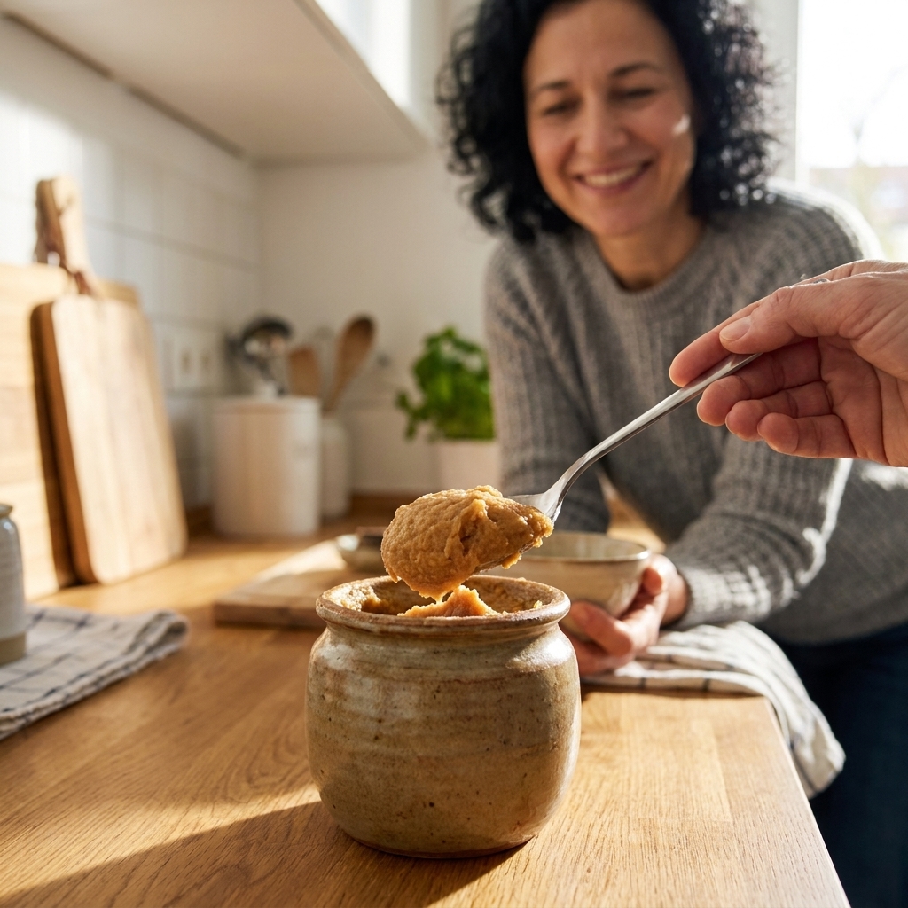 A spoon scooping tan miso paste from a small ceramic jar on a kitchen counter