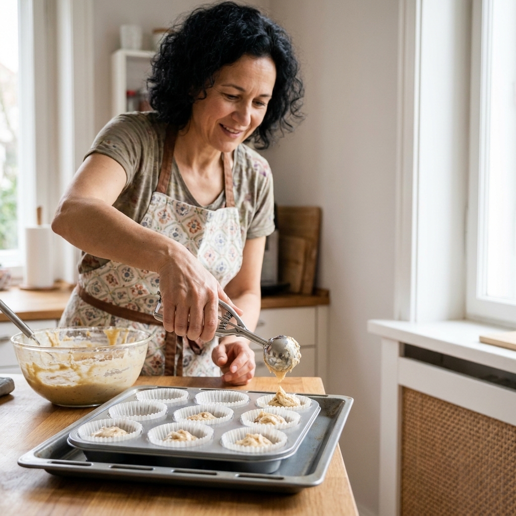 A spring-loaded cookie scoop portioning muffin batter cleanly into a lined muffin tin on a baking tray