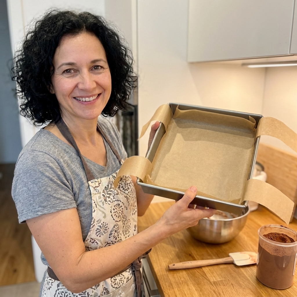 A square baking pan lined with parchment paper with overhanging handles, ready for brownie batter