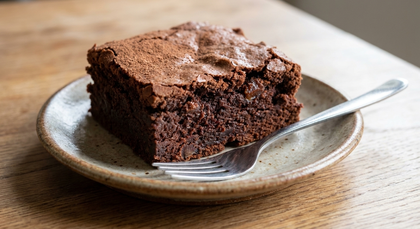 A square of fudgy date-sweetened brownie on a small plate with a fork, showing a dense chocolate crumb