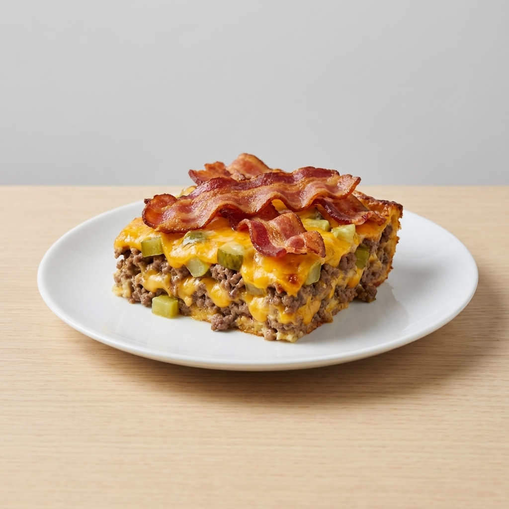 A square slice of bacon cheeseburger casserole with visible pickle pieces and crisp bacon on top, served on a simple plate