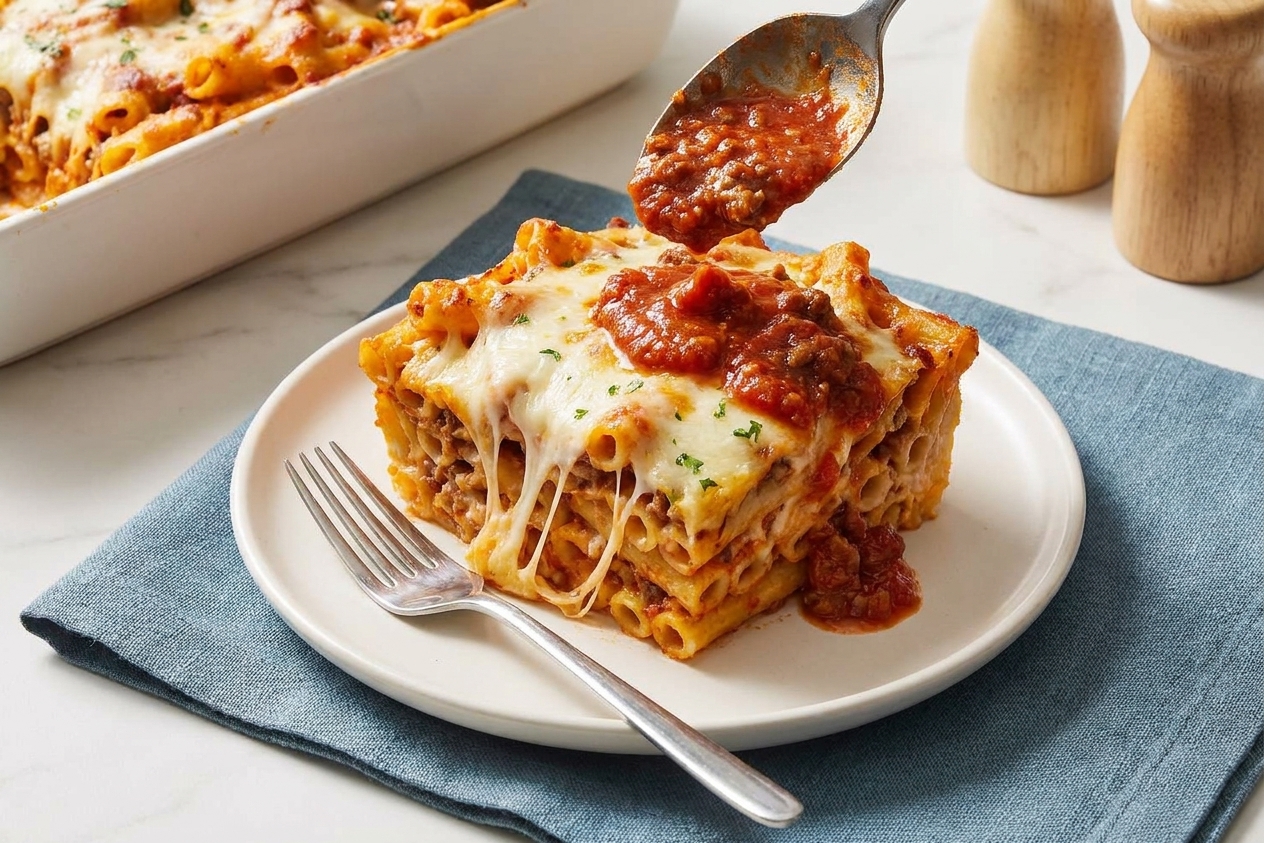 A square slice of creamy baked ziti on a plate with stretchy melted cheese and a spoonful of sauce, with a fork resting beside it