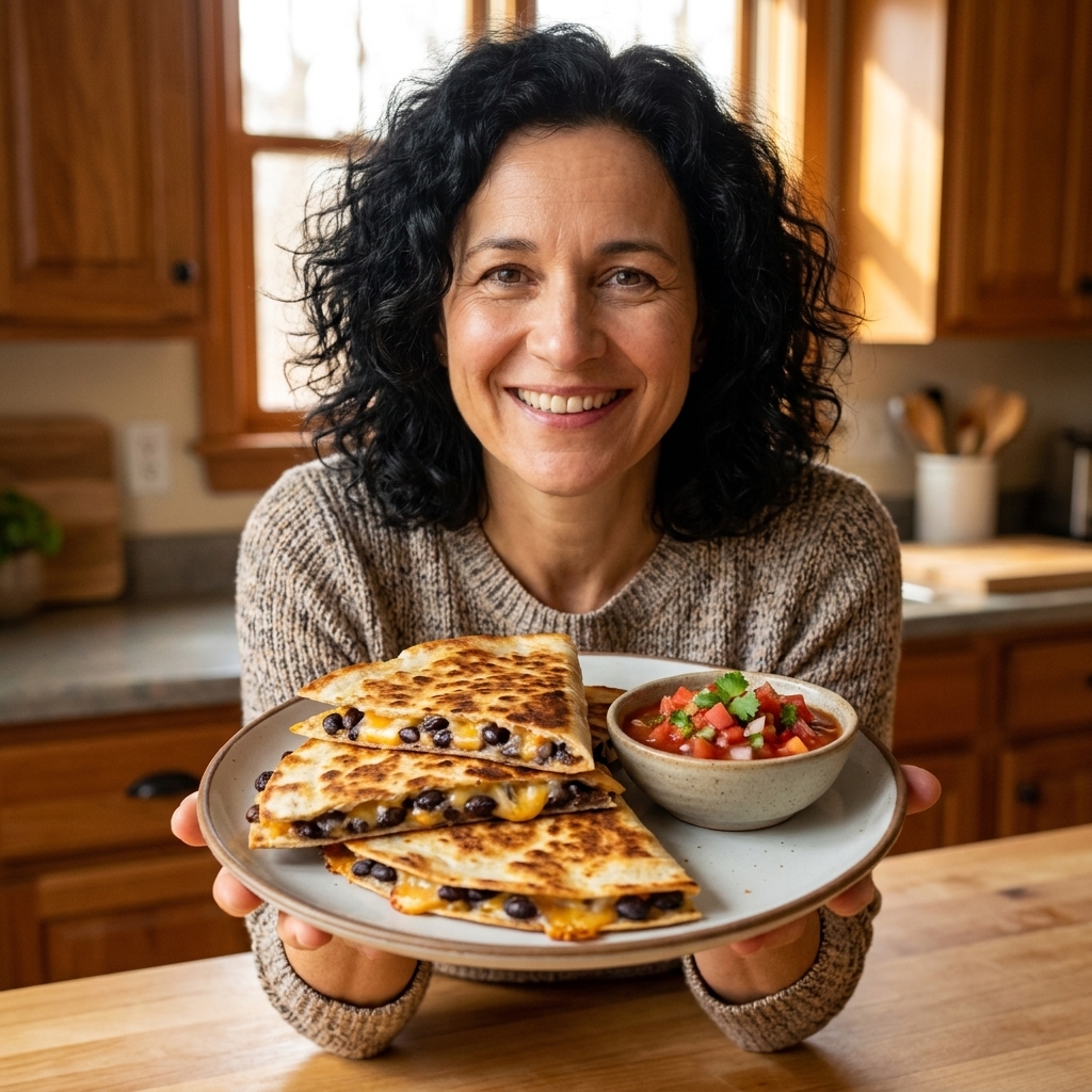 A stack of crispy black bean quesadilla wedges with a small bowl of salsa on the side