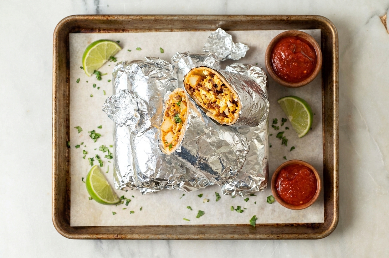 A stack of foil-wrapped breakfast burritos on a parchment-lined sheet pan, with one burrito cut open to show eggs, potatoes, and cheese