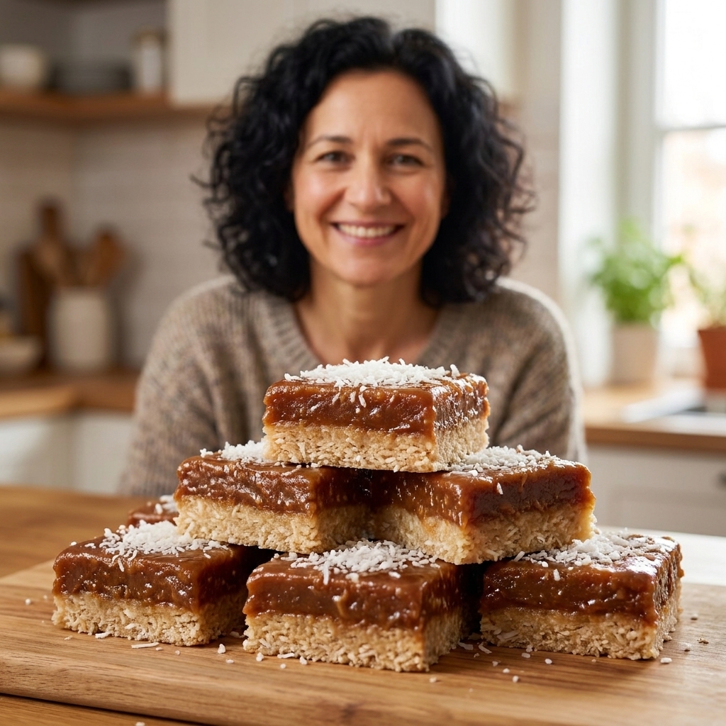 A stack of no-bake coconut bars with a glossy date-caramel layer, cut into neat squares