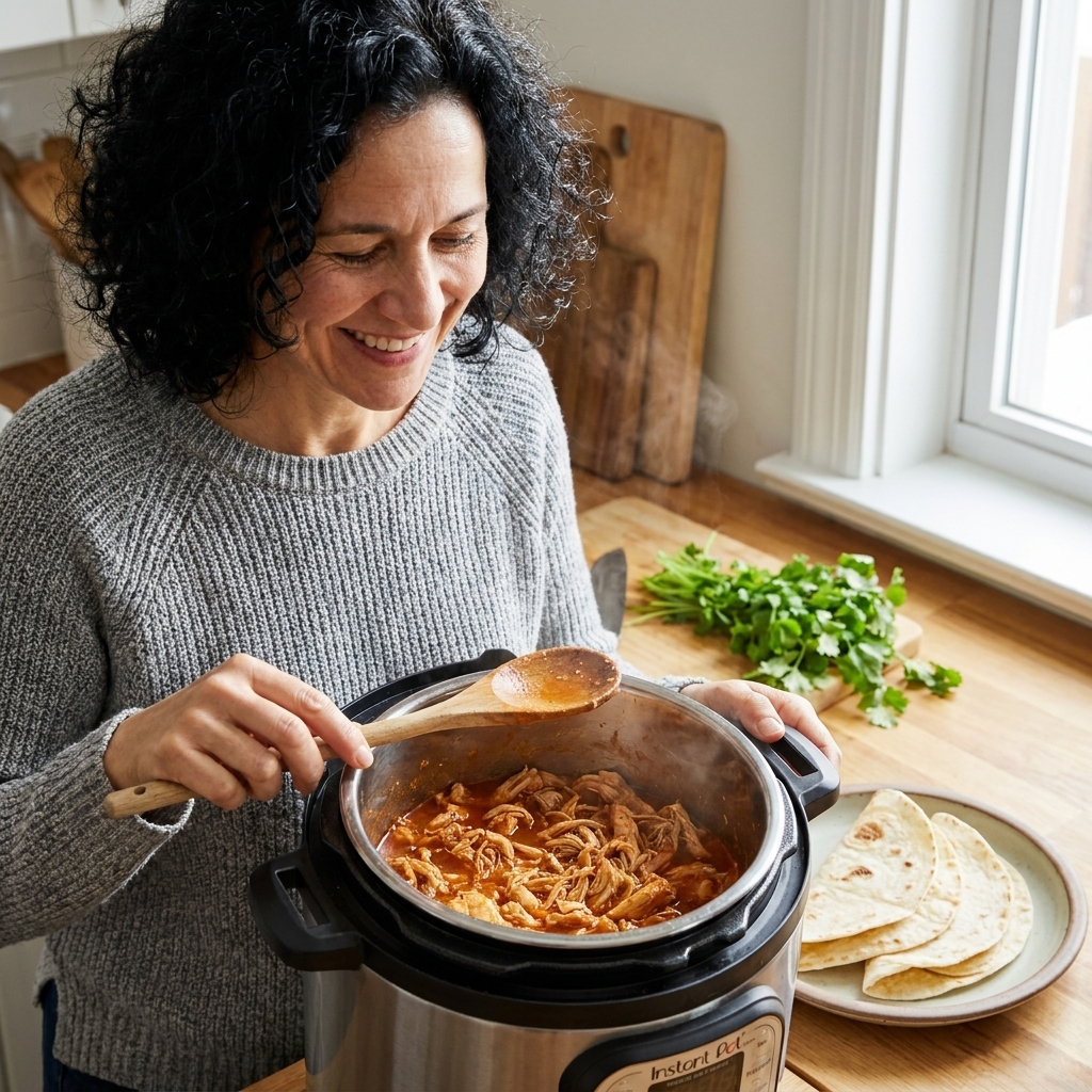 A stainless steel Instant Pot inner pot filled with saucy shredded chicken, with a wooden spoon resting on the rim, and warm tortillas on a plate nearby