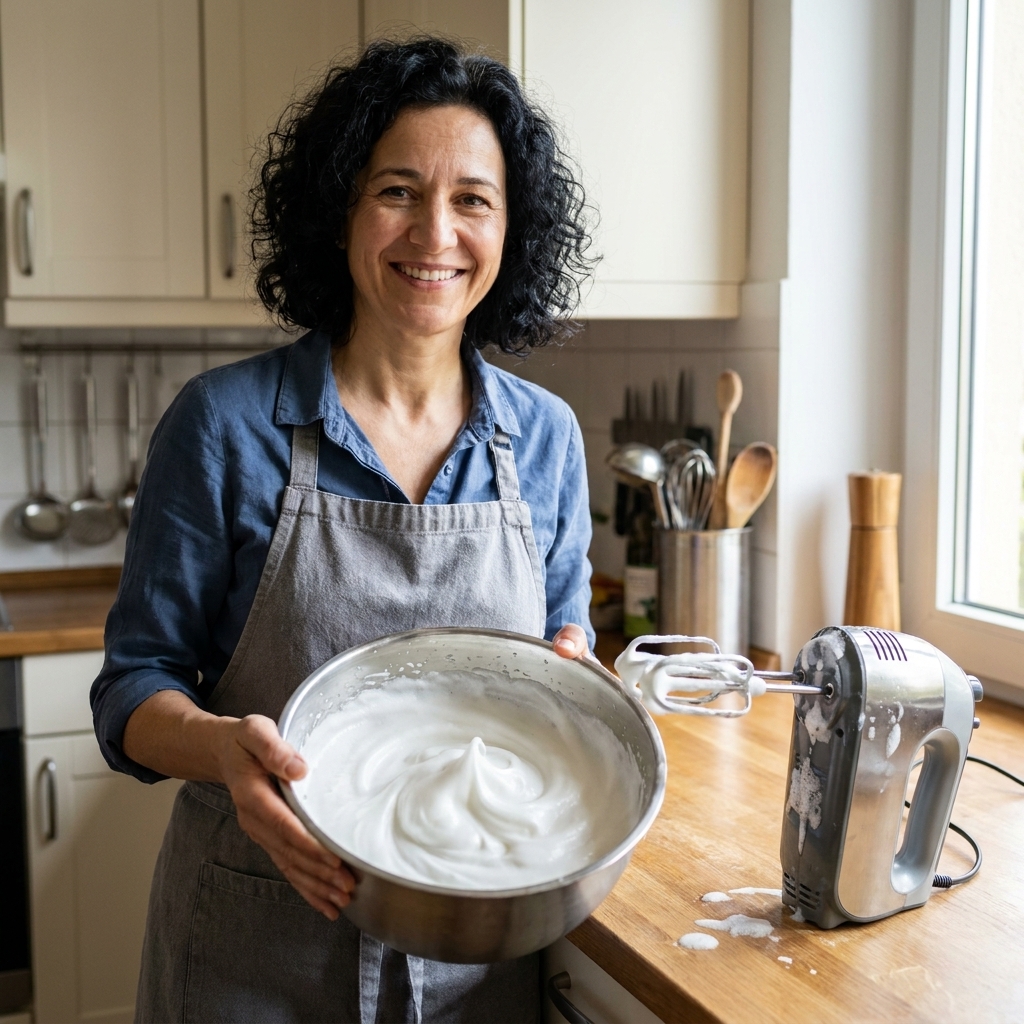 A stainless steel bowl of whipped aquafaba forming glossy soft peaks beside a hand mixer on a kitchen counter
