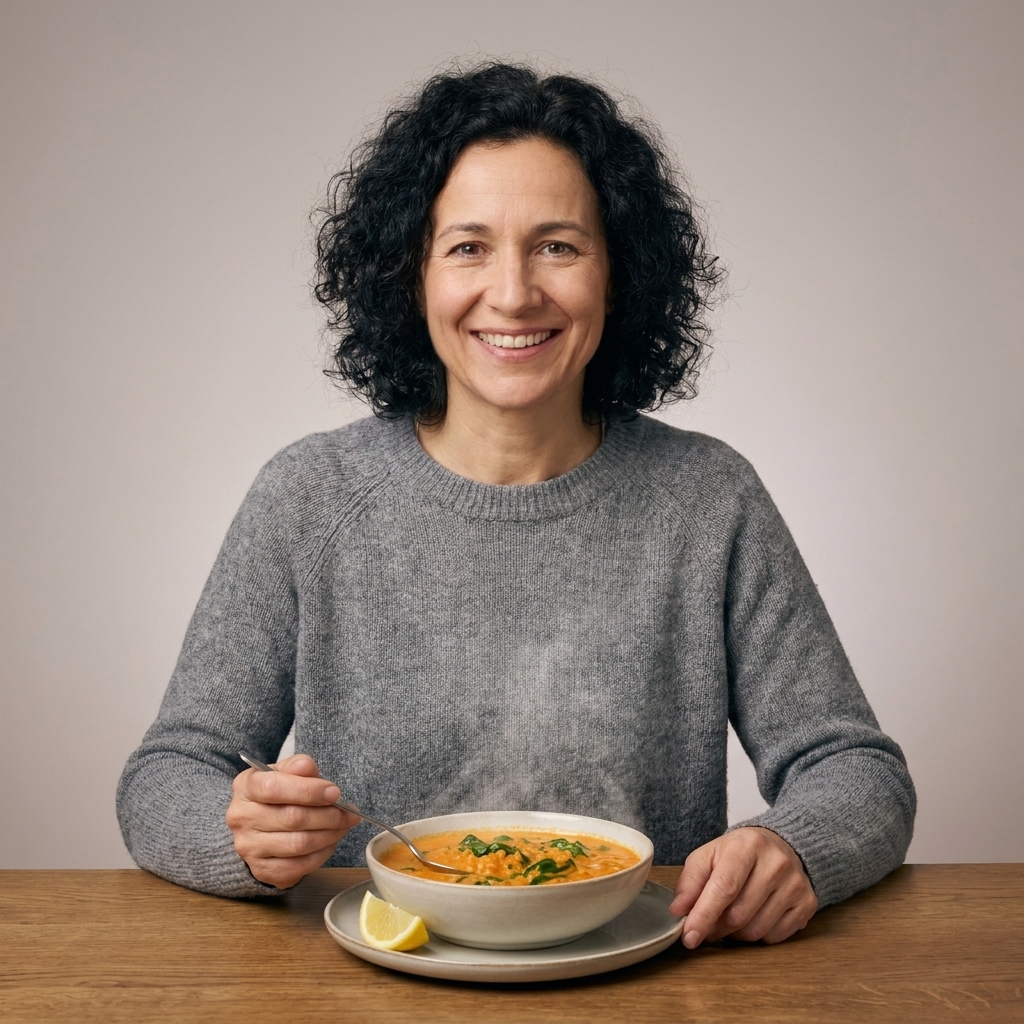 A steaming bowl of creamy red lentil curry with spinach and a squeeze of lemon on the side