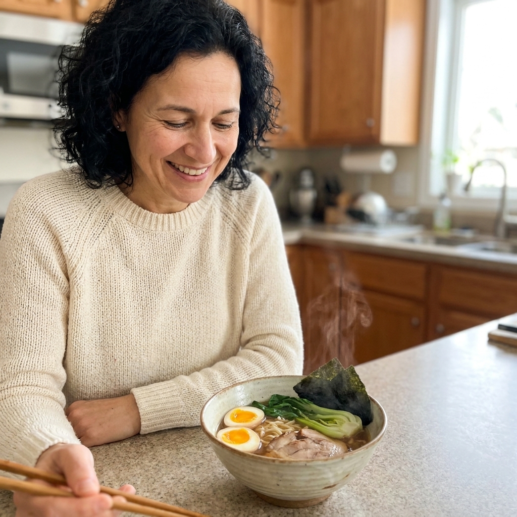A steaming bowl of ramen topped with a soft egg and wilted greens on a kitchen counter