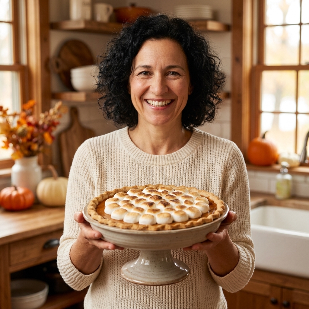 A sweet potato pie topped with toasted marshmallows, lightly browned and bubbly, on a pie stand