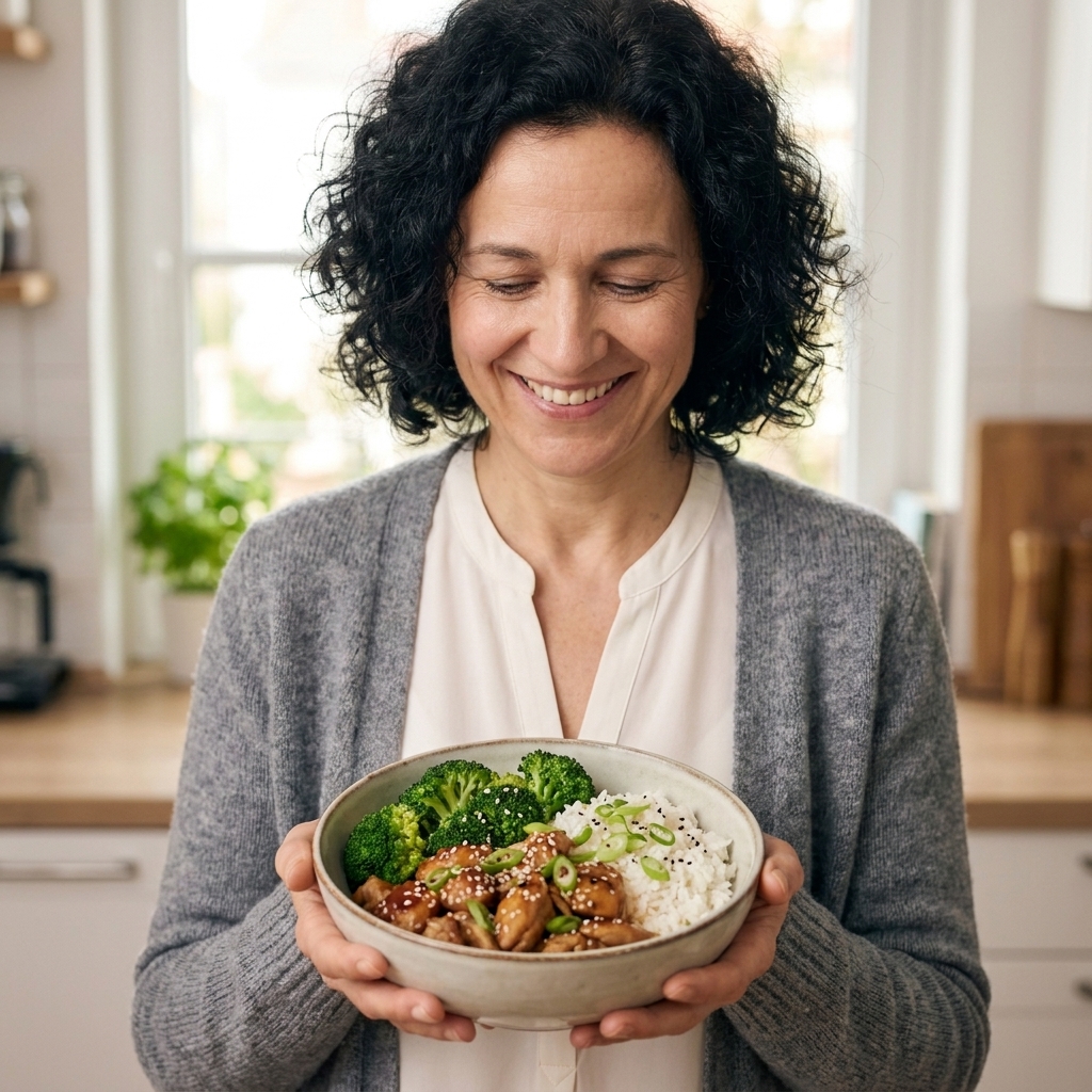 A teriyaki chicken rice bowl with steamed broccoli, sesame seeds, and sliced green onions