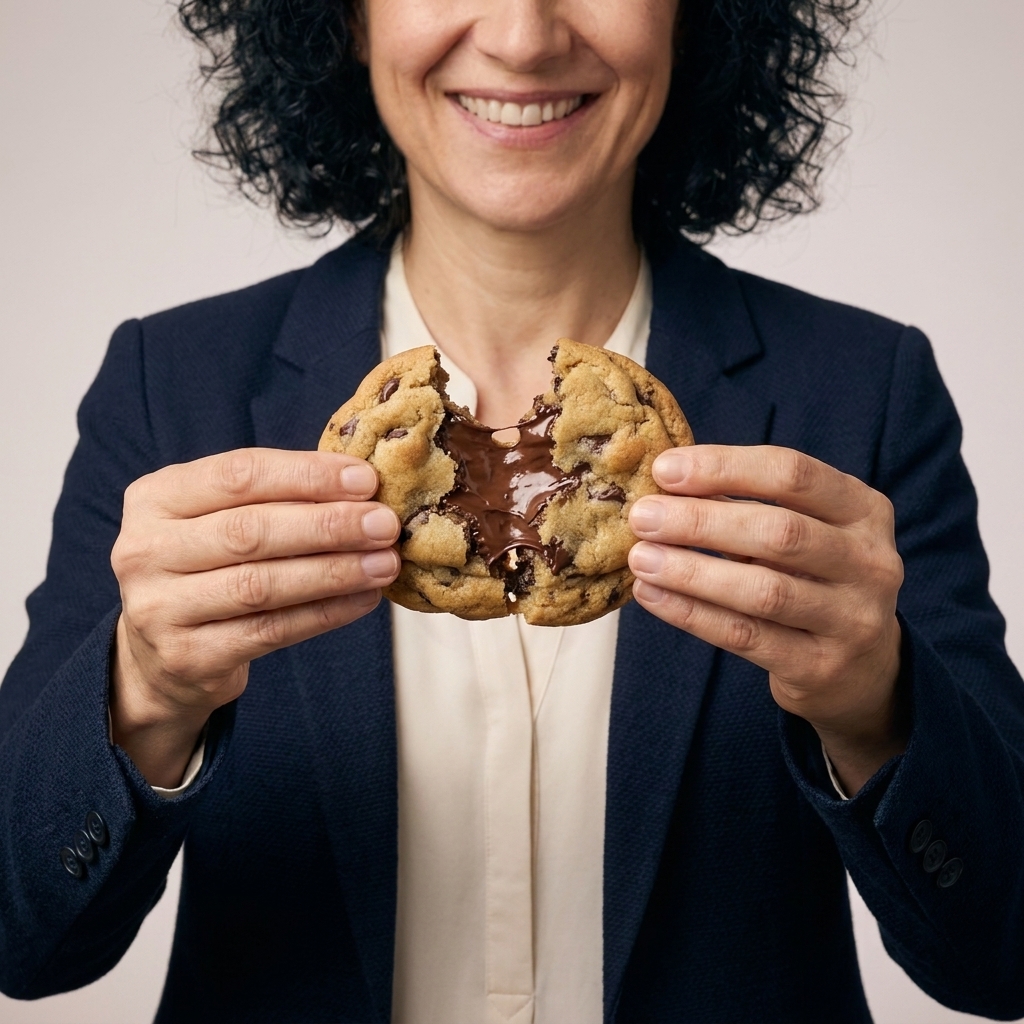 A thick, soft chocolate chip cookie held in a hand with a gooey center and melted chocolate