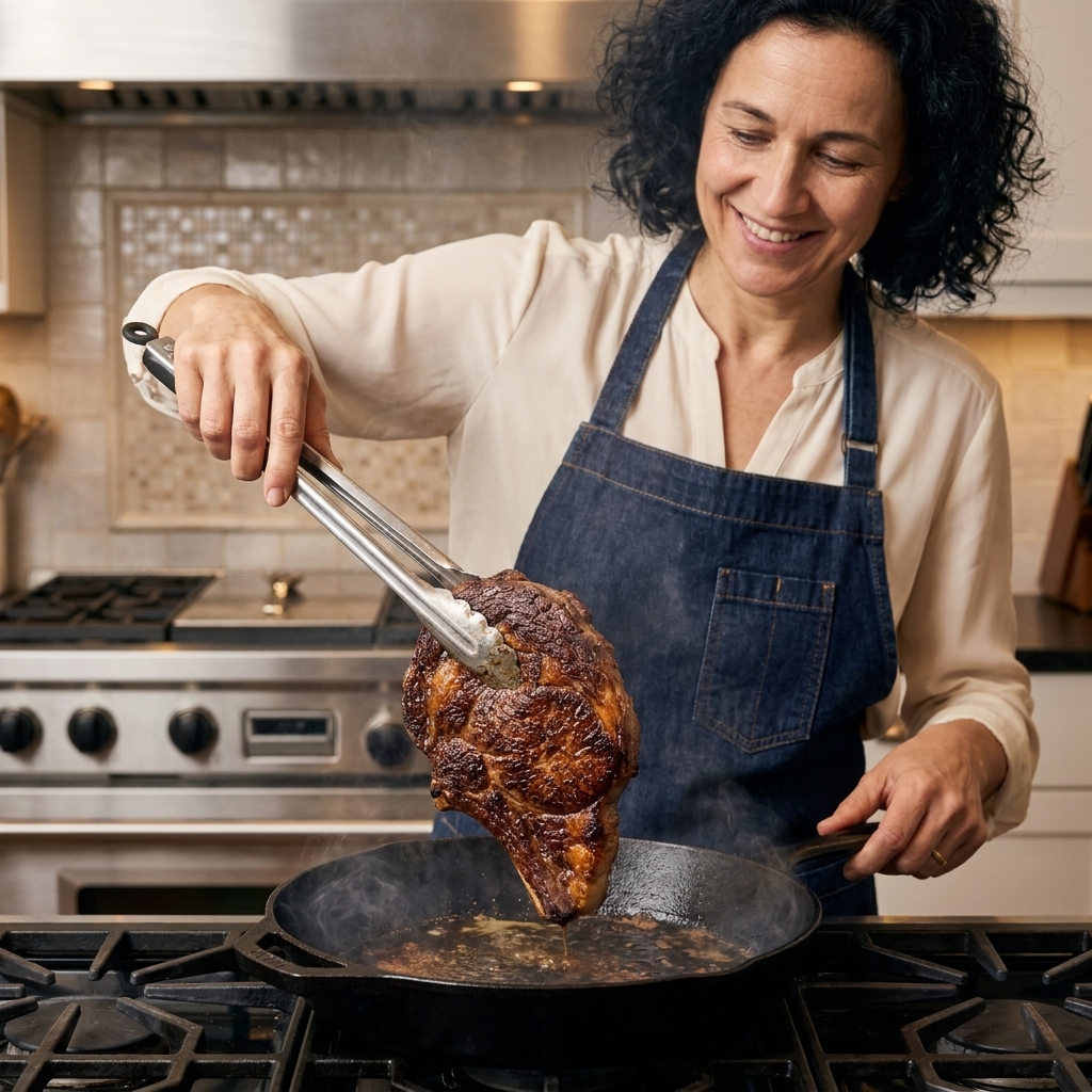 A thick steak searing in a hot cast iron skillet with a dark brown crust forming, held with tongs over a stovetop