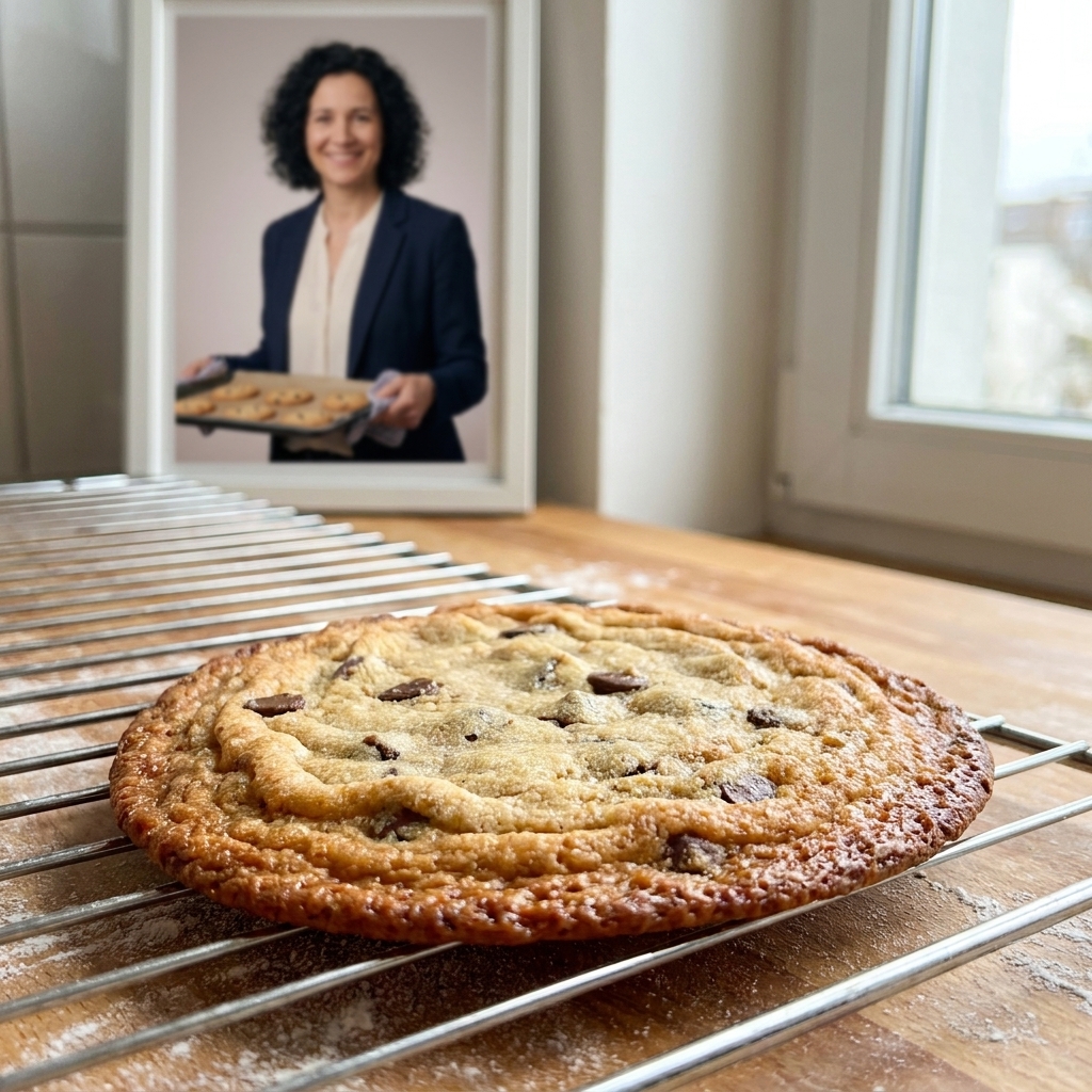 A thin, golden chocolate chip cookie with a crisp edge resting on a cooling rack