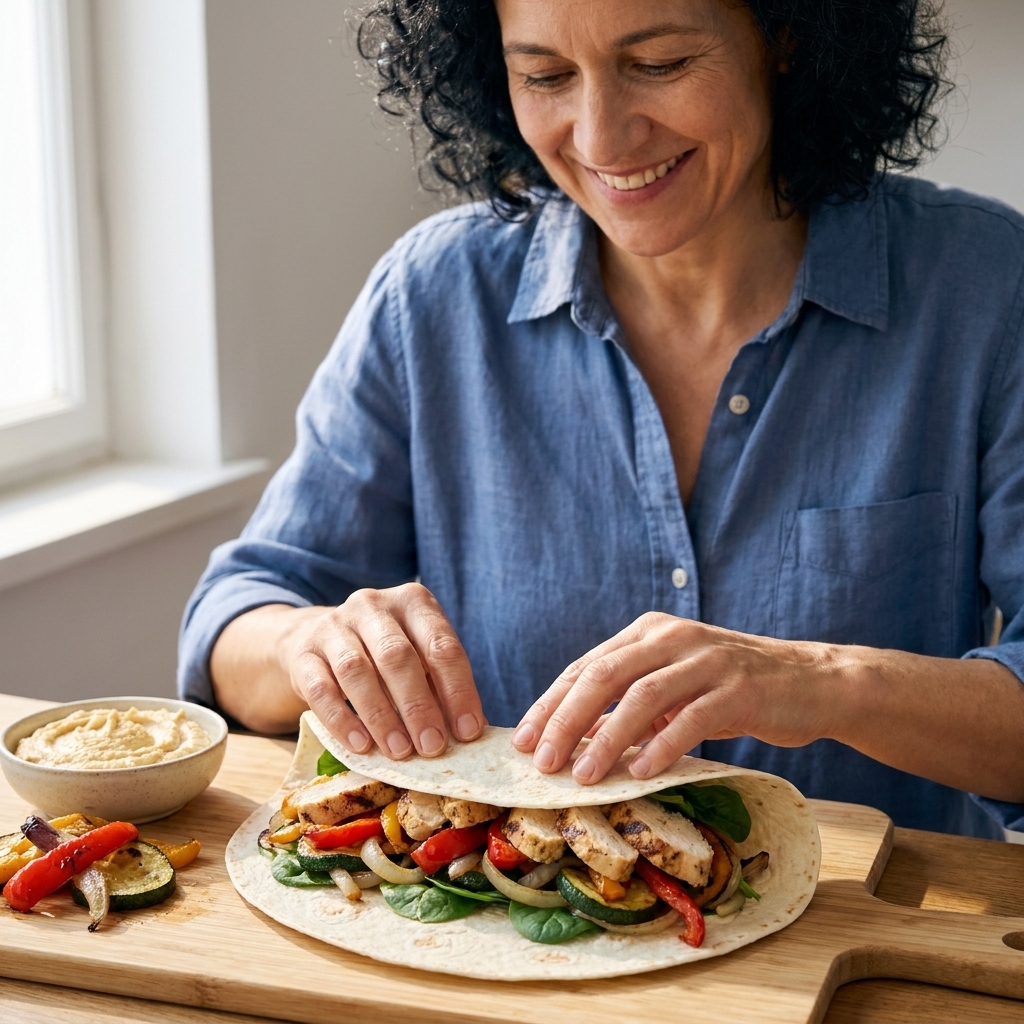 A tortilla wrap being rolled on a cutting board with roasted vegetables and sliced chicken visible as filling
