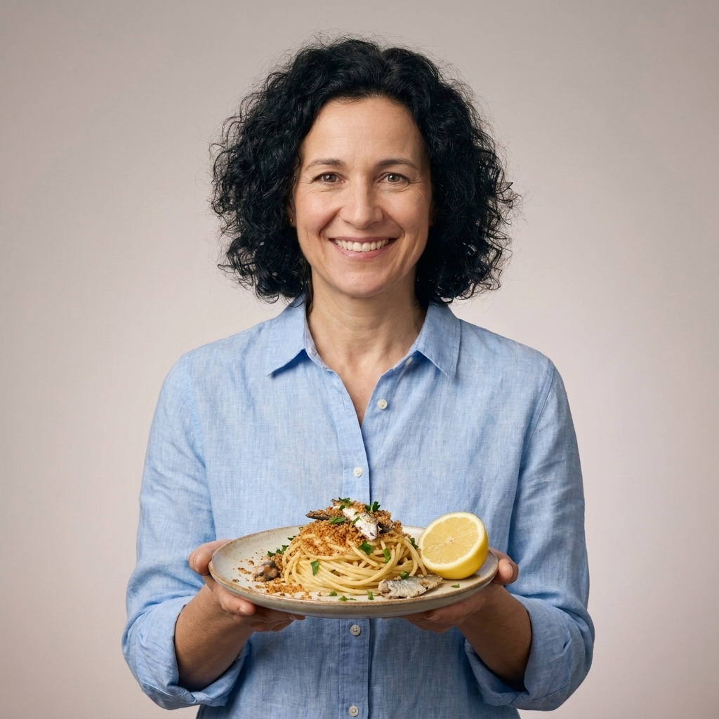 A twirled nest of spaghetti topped with toasted breadcrumbs and flaked sardines, with a lemon half on the side