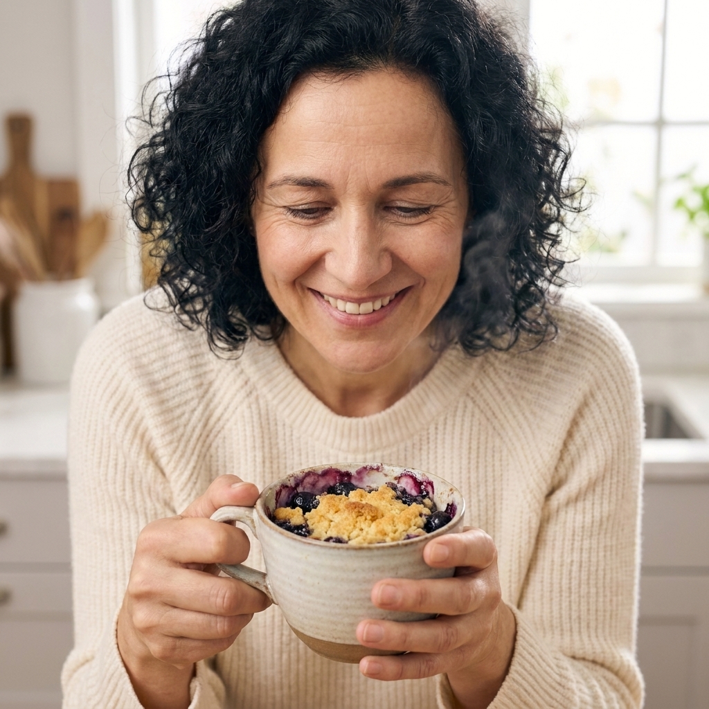A warm berry cobbler in a mug with bubbling blueberries and a golden crumb topping