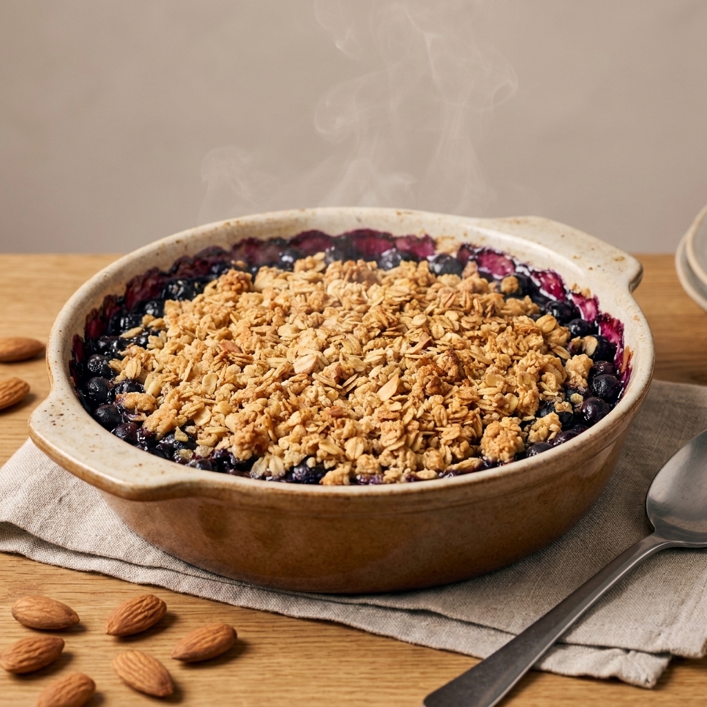 A warm blueberry almond crumble in a ceramic baking dish with bubbling fruit and a golden crumb topping