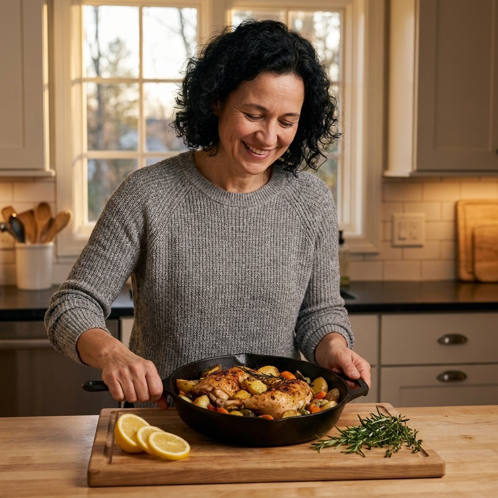 A weeknight kitchen counter with one cast-iron skillet holding a finished dinner and a cutting board with sliced lemon and herbs nearby