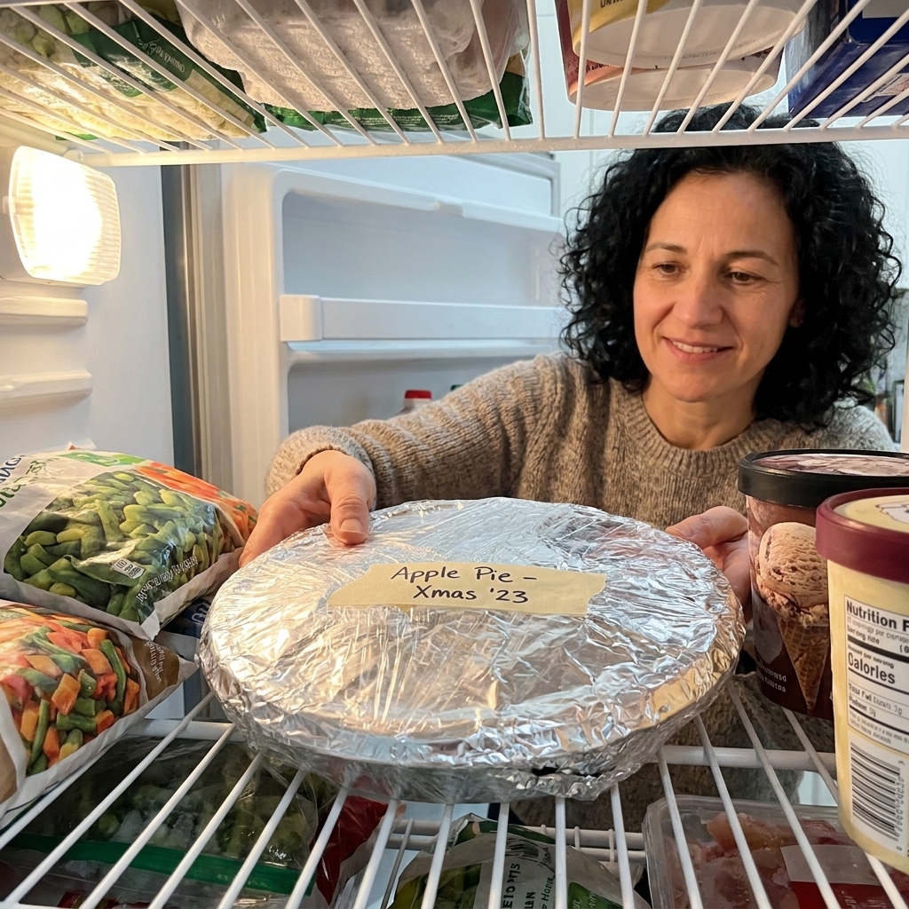 A whole pie tightly wrapped in plastic wrap and foil with a handwritten label, resting on a freezer shelf
