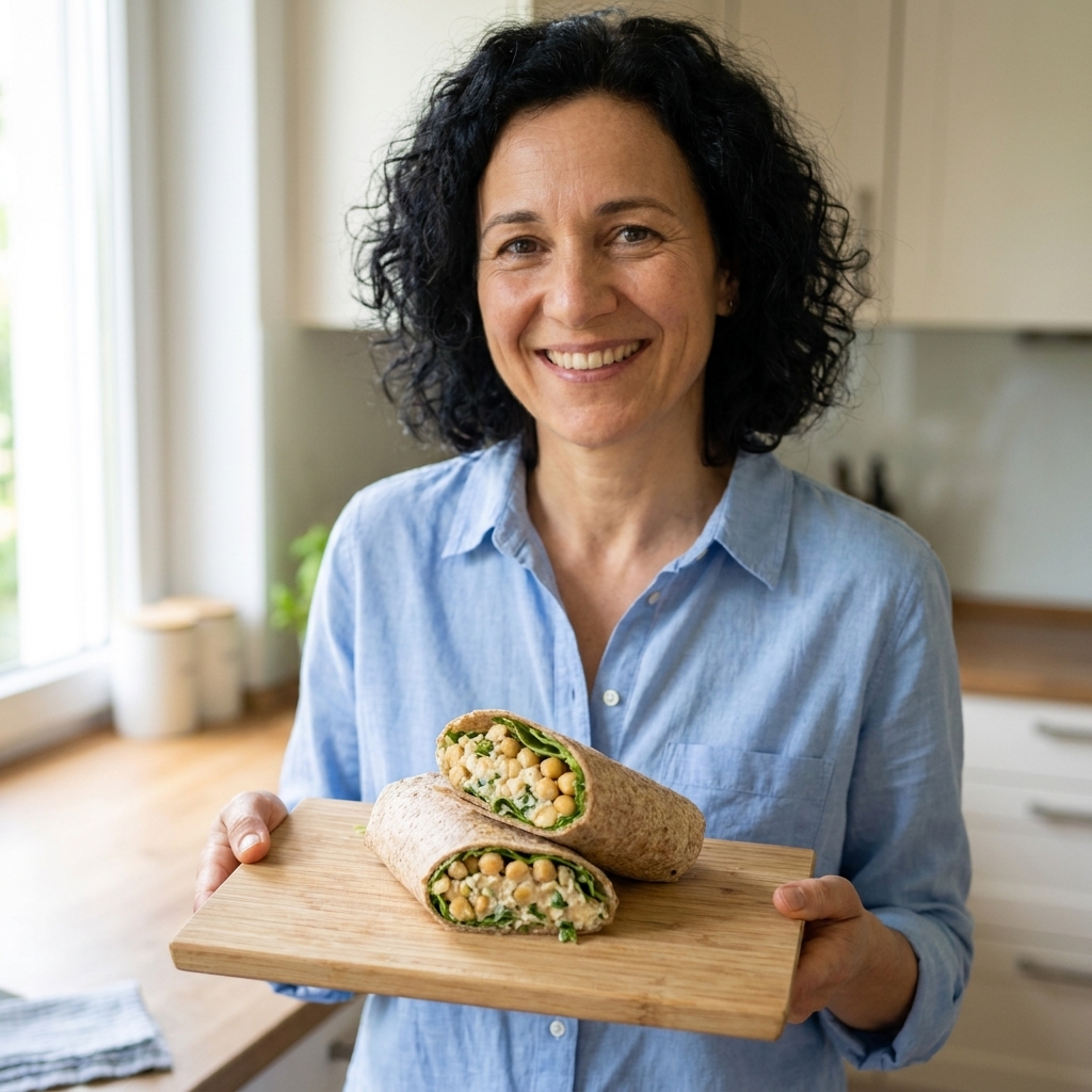 A whole-wheat wrap sliced in half and filled with creamy chickpea salad, lettuce, and herbs on a cutting board