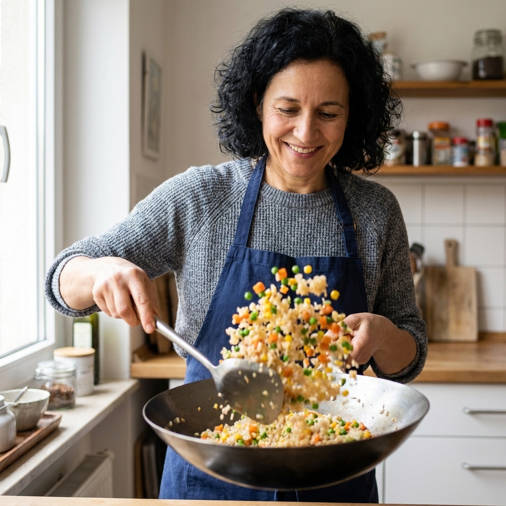 A wok filled with egg fried rice and mixed frozen vegetables being tossed with a spatula