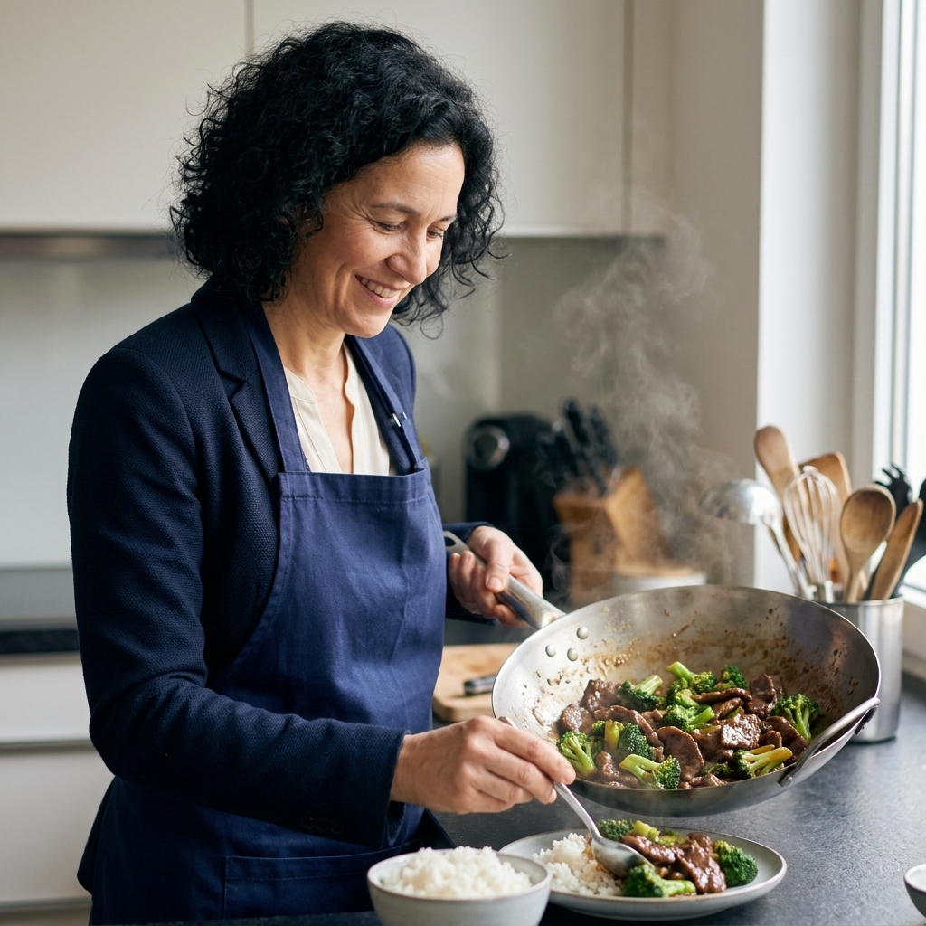 A wok filled with glossy beef and bright green broccoli in a savory sauce, served with white rice
