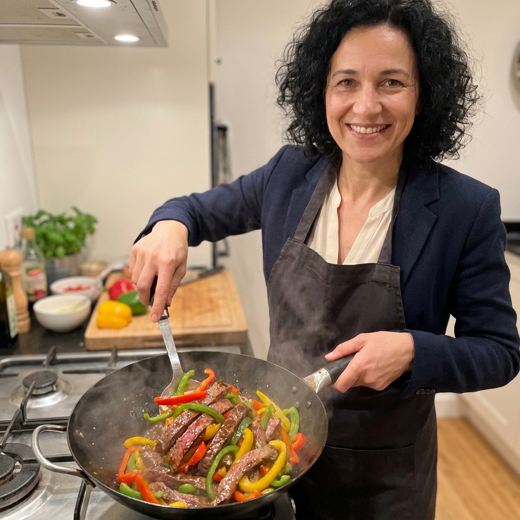 A wok-style pan with sliced steak and bell peppers glazed in a dark tamari sauce