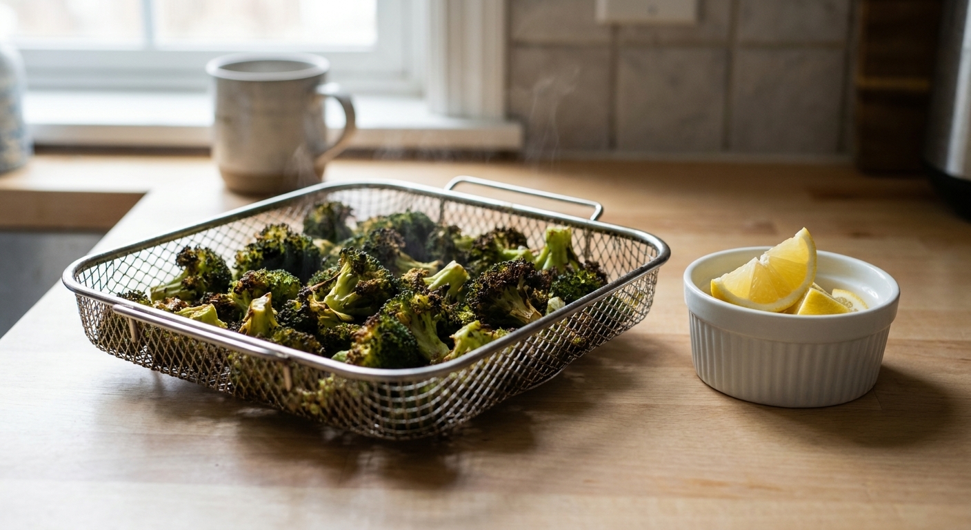An air fryer basket filled with roasted broccoli florets with browned edges, sitting on a kitchen counter next to a small bowl of lemon wedges