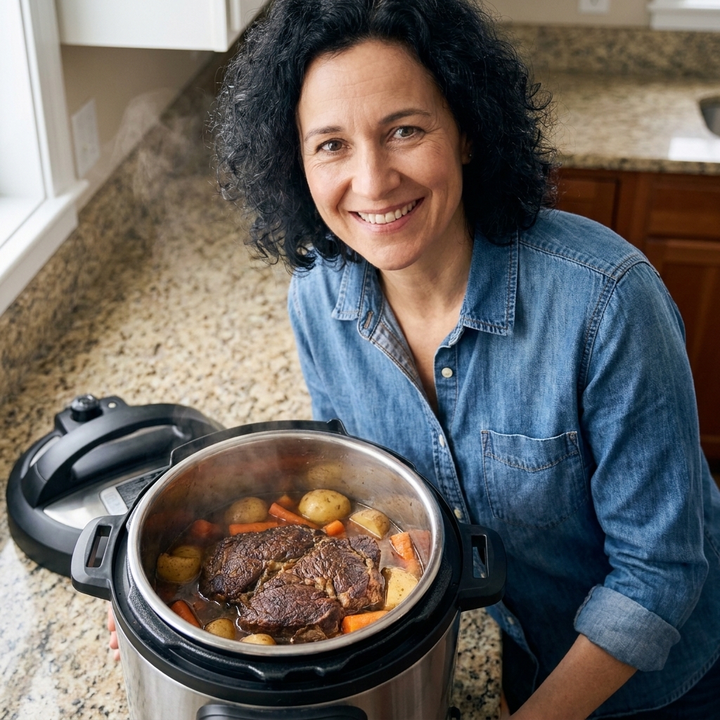 An electric pressure cooker pot with a cooked chuck roast resting in a rich brown broth alongside carrots and potatoes, lid set aside on the counter