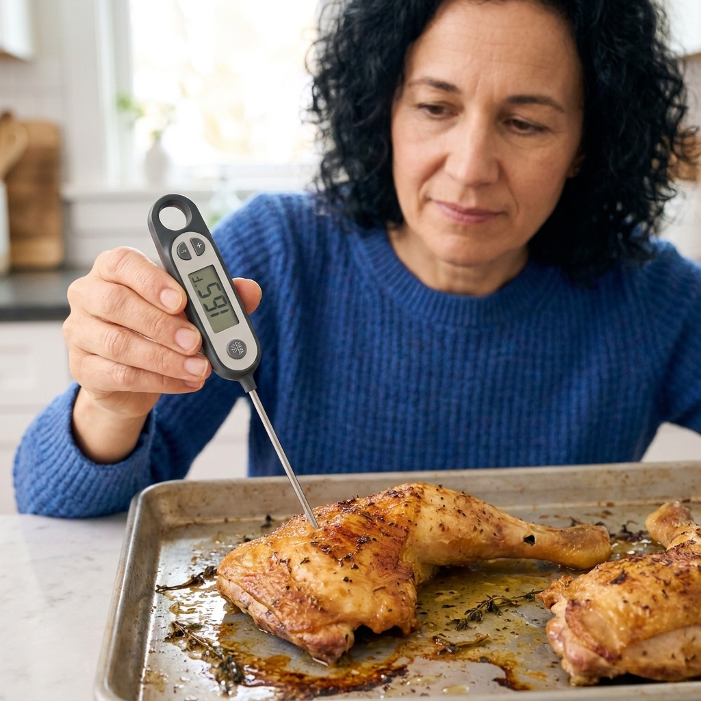 An instant-read thermometer inserted into the thickest part of a roasted chicken thigh in a sheet pan