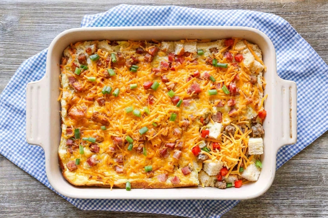 An unbaked breakfast casserole in a 9x13-inch dish with cubed bread, vegetables, and cheese, ready for the egg mixture to be poured in